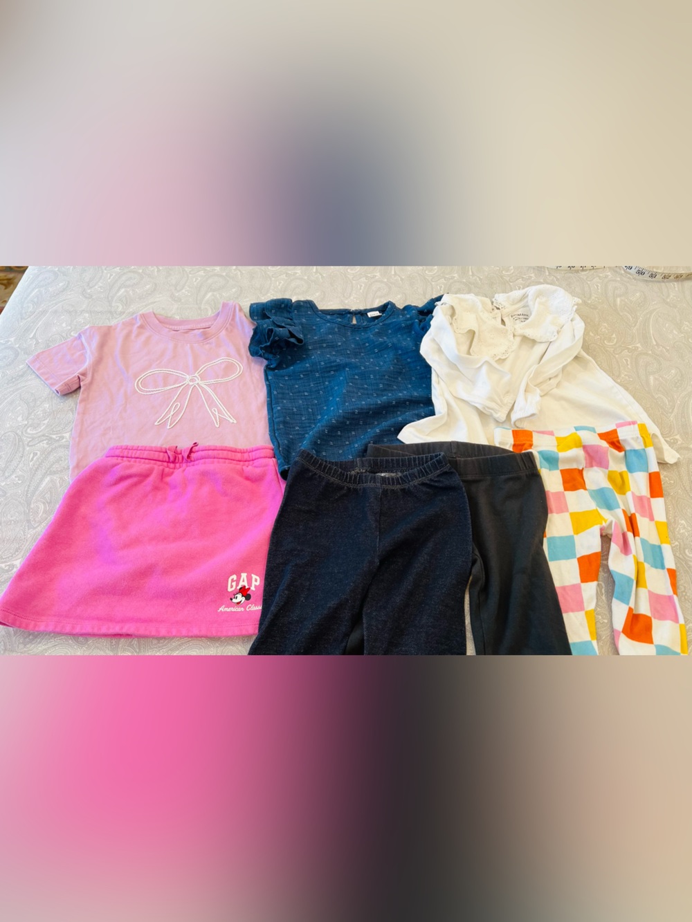 7 Girls Matched set 
Pink Skirt  Navy, White & Multicolor Tops & pants
For 4T-5T